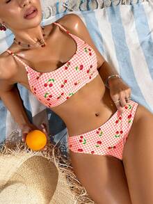 Swim Mod Bộ đồ bơi bikini họa tiết caro in hình quả anh đào gợi cảm cho nữ mùa hè, in ngẫu nhiên - Nhiều màu - Xem 1