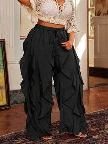 Maweii Plus Size Casual American Style Flattering Ruffle Hem Pants Fall - Black - View 6