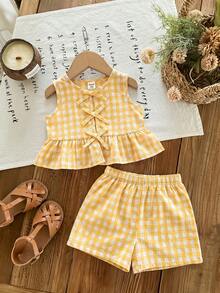 SHEIN LMoss Kids 女婴蝴蝶结装饰格子荷叶边上衣和短裤休闲日常装 - 黃色 - 查看 5