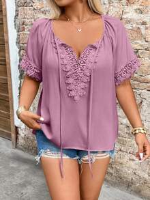 SHEIN Holidaya Plus Size V-Neck Lace Trim Raglan Sleeve Tie Collar Blouse - Pink - View 1