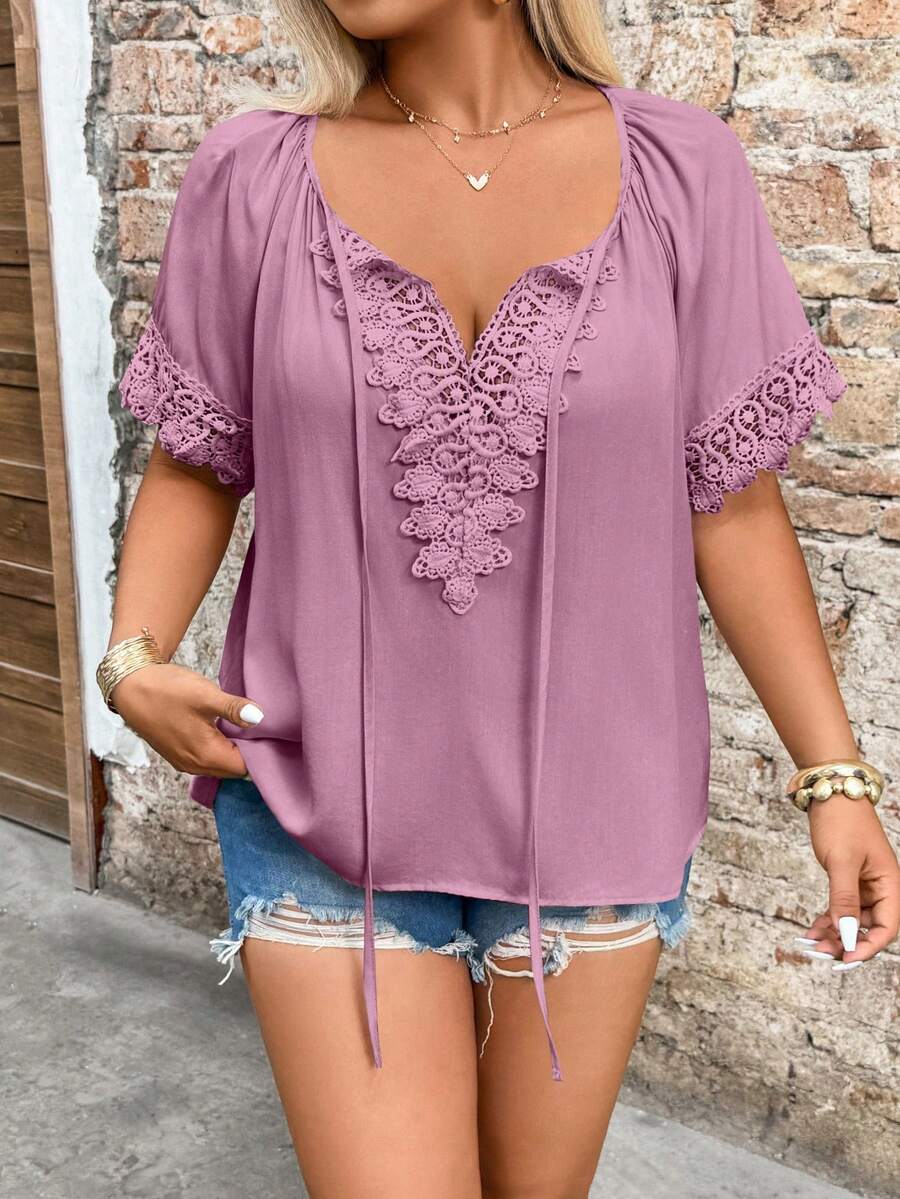 SHEIN Holidaya Plus Size V-Neck Lace Trim Raglan Sleeve Tie Collar Blouse - Pink - View 1