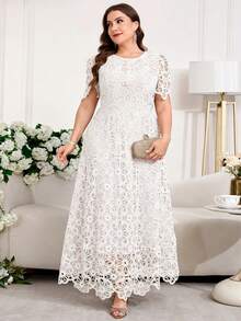 Reflora Plus Size Solid Color Lace Patchwork Round Neck Short Sleeve Dress - White - View 3