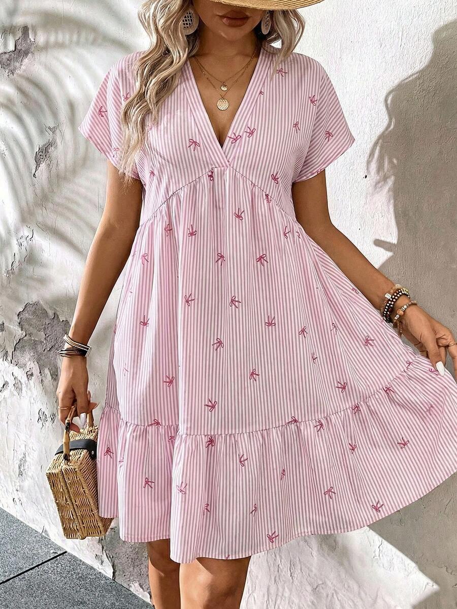 SHEIN LUNE Đầm ngắn mùa hè dáng suông màu tím họa tiết hoa nhí cỡ lớn dành cho nữ, trang phục đi nghỉ mát cho nữ. - Hồng - Xem 1