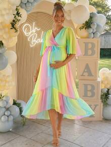 Loomaby Vestido Fluido de Babados com Degradê para Férias de Verão para Gestantes - Multicolorido - Visão 5
