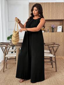 Weeklong Plus Size Casual Pleated A-Line Jumpsuit Fall - Black - View 6