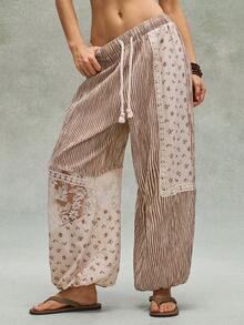 SHEIN BohoFeels Women's Casual Woven Patchwork Loose Drawstring Ankle Pants - Brown - View 4
