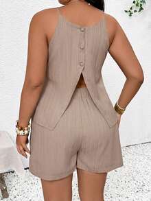 SHEIN Frenchy Plus Size Casual Solid Color Slit Camisole & Shorts 2 Pieces Set - Apricot - View 3