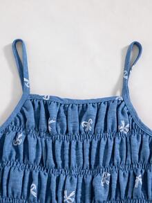 SHEIN Bộ đồ hè 2 món cho bé gái, áo hai dây in nơ màu xanh dương và quần ống đứng, phong cách tối giản, đa năng cho kỳ nghỉ biển. - Màu xanh lam - Xem 5