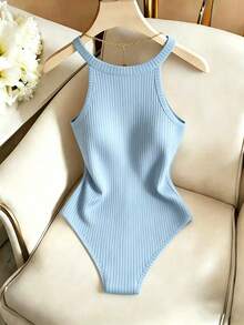 SHEIN Franclia 优雅挂脖连体衣、圆领连体衣、基础款连体衣、休闲连体衣、沙滩连体衣、度假连体衣、户外连体衣、无袖连体衣、夏季连体衣 - 淺藍色 - 查看 2