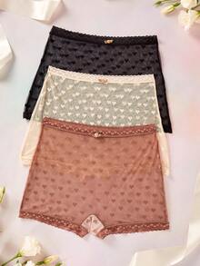 Elorette 3pcs/Set Sweet Heart Jacquard Mesh Lace Trim Panties - Multicolor - View 9