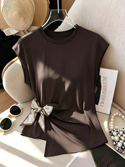 GlowEve CURVE Plus Size Summer New Round Neck Short Sleeve Bowknot Asymmetric Hem Casual, Street, Work Wear T-Shirt For Women