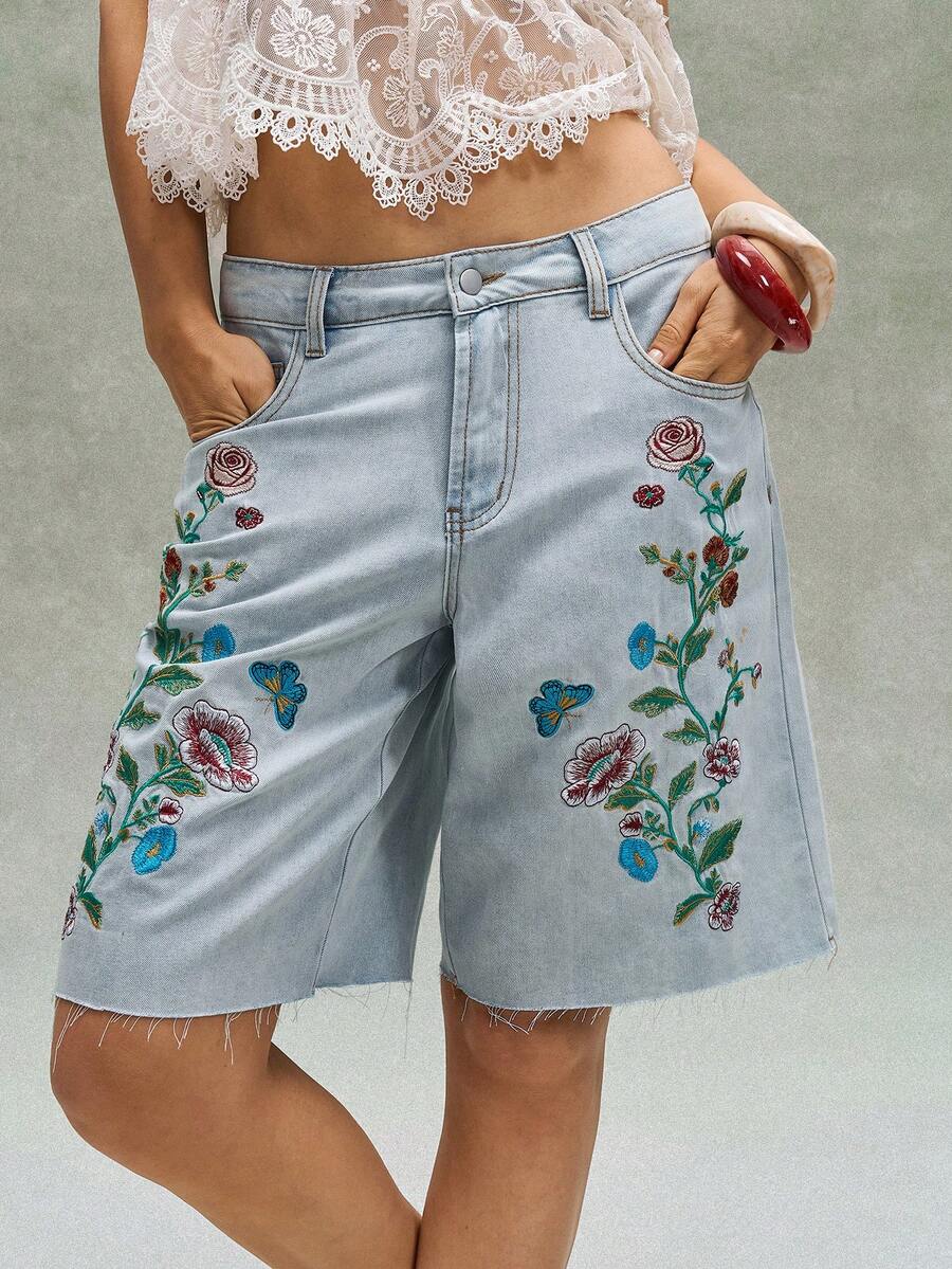 Bohemela Quần short denim thêu họa tiết thường ngày dành cho nữ - Màu xanh nhạt - Xem 1