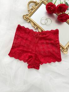 SHEIN Elacene 纯色蕾丝高腰性感三角裤内衣 - 紅色 - 查看 2