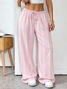SHEIN EZwear 女士休闲宽松直筒裤，粉色条纹印花，适合夏季穿着 - 彩色 - 查看 6