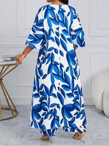 SHEIN Lady 白色秋季優雅大尺碼女款全印花V領長上衣＋寬腿褲休閒兩件套，適合單身派對、茶會、度假度假風 - 彩色 - 查看 2