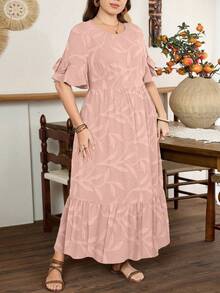Lacomfia Gaun Lengan Pendek Minimalis Elegan Wanita Warna Hijau dengan Motif Alam dan Hiasan Pita di Manset - Berwarna merah muda - View 4