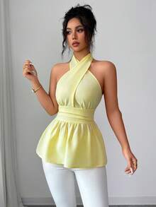 Modelyn 时尚交叉系带修身衬衫，春夏款 - 黃色 - 查看 6