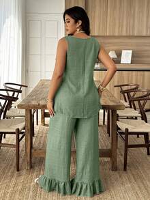 Weeklong Conjunto de 2 piezas para mujer talla grande con top suelto sin mangas de cuello redondo con ribete de volantes y pantalones de pierna recta, adecuado para vacaciones y uso diario, primavera/verano - Verde - Ver 2