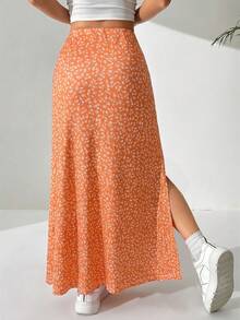 SHEIN EZwear 休闲碎花高开衩半身裙，夏季 - 橘色 - 查看 2
