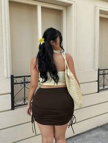 GalTyme Plus Size Women's Fashionable Sexy Ruched Tie Waist Skirt - Chocolate Brown - View 5