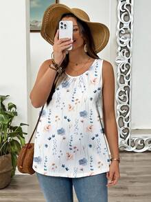 EMERY ROSE Plus Size Women Floral Plant Print Loose Fit Tank Top Vacation White Summer Smart Casual - Multicolor - View 5