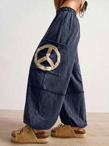 Bohemela Pantalones holgados de punto de unicolor con cordón y bordado de signo de paz, estilo casual y bohemio para vacaciones de mujer - azul real - Ver 2