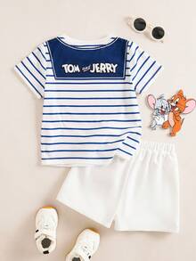 TOM & JERRY X SHEIN 2件套女童休闲卡通条纹印花圆领短袖T恤和白色短裤套装 - 彩色 - 查看 2