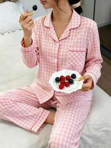 Zazumi Conjunto de pijama de 2 piezas con mangas largas, estampado a cuadros, solapa y diseño con botones para uso casual en el hogar - Rosa - Ver 3
