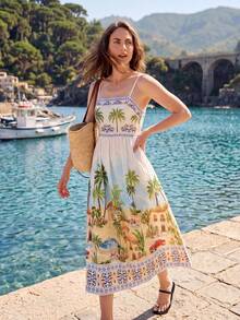 Dayvera Đầm hai dây kiểu Bohemian dành cho nữ, họa tiết cây nhiệt đới, eo thon, dáng xòe, thích hợp mặc mùa hè. - Màu be - Xem 5