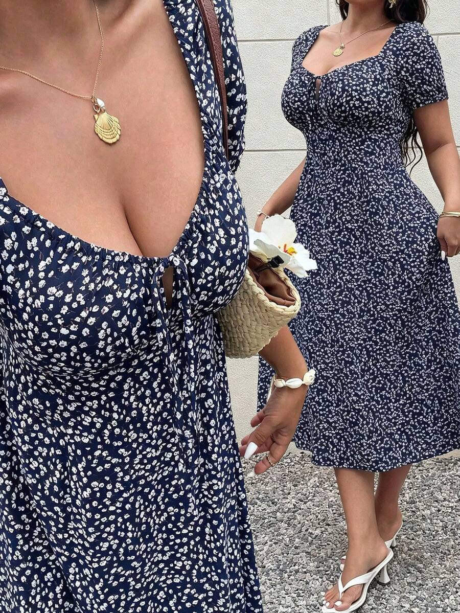 SHEIN SunnyBelle Đầm chữ A tay ngắn in họa tiết cổ áo kim cương cỡ lớn - Nhiều màu - Xem 1