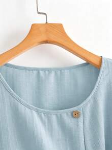 Plus Size Striped Jacquard Linen-Like Short Sleeve Square Neck Casual Blouse For Women, Spring/Summer - Baby Blue - View 5