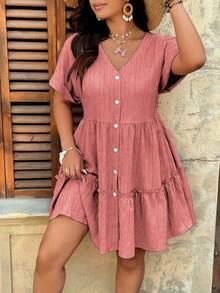 SHEIN Holidaya Plus Size V-Neck Textured Drop Shoulder A-Line Ruffle Hem Dress - Redwood - View 4