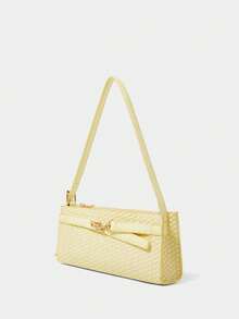 SHECARRY Women's Shoulder Bag, Stray Bag,  Light Yellow Woven Texture Material, Faux Leather, Fashionable And Elegant, Simple And Versatile, Customizable, Classic And Versatile, Suitable For Commuting, Office, Dating, Daily, Shopping, Afternoon Tea And Other Occasions - Butter Yellow - View 2