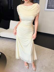 Modelyn 淡黄色雪纺荷叶边露背系带优雅连衣裙，优雅法式风格女士婚纱长裙 - 淡黃色 - 查看 5
