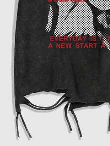 ROMWE MEN Goth Men's Fashionable Versatile Graphic Letter Print Round Neck Tassel Short Sleeve T-Shirt - Black - View 4