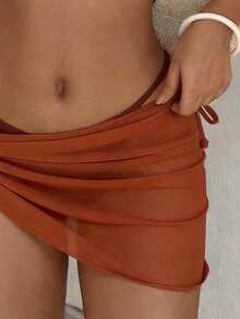 Elavelle 女士纯色金属装饰吊带上衣和短裤三件套比基尼套装，春夏款 - 棕色 - 查看 6