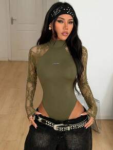 Coolane 女士春夏音乐节派对透气网纱弹力连体衣，情人节 - 軍綠色 - 查看 2