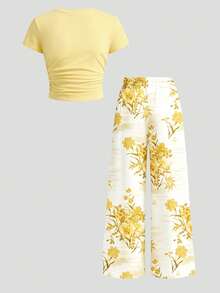Bộ đồ thường ngày 2 món cho bé gái tuổi teen - Áo thun & quần legging, set đồ mùa hè thời trang và đa năng. - trắng - Xem 4