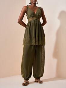 Zivah 2026 Elegant Bohemian Style Beach Vacation Vacation Sheer Chiffon Contrast Lace Set, Camisole Top+Lantern Pants, Lantern Olive Green Summer - Army Green - View 9