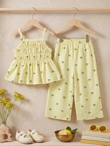 Souflis French Style New Young Girl' Cute Lemon Print Camisole And Flowy Wide Leg Pants Set, Suitable For Casual Outings And Playtime - Yellow - View 1