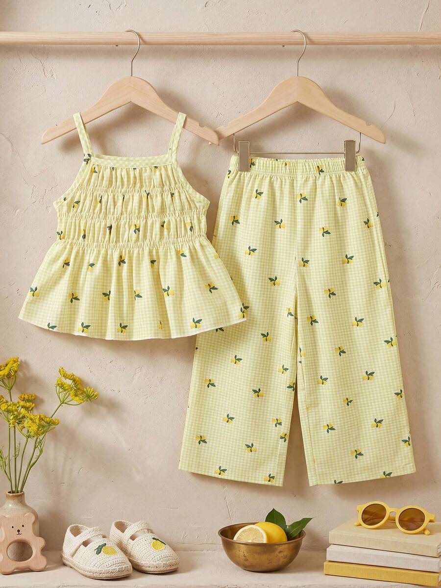 Souflis French Style New Young Girl' Cute Lemon Print Camisole And Flowy Wide Leg Pants Set, Suitable For Casual Outings And Playtime - Yellow - View 1