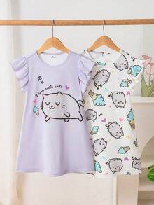 SHEIN 女童可爱瞌睡猫和冰淇淋印花睡裙，女童迷人圆领短袖连衣裙睡衣，柔软宽松舒适家居服套装，适合小女孩 - 彩色 - 查看 3