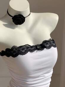 Comfortcana Black Lace Trim Patchwork Women's Bandeau Top - Yellow - View 5
