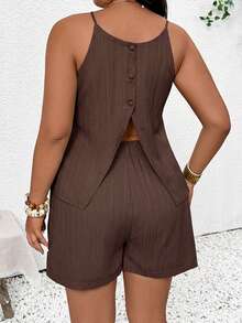 SHEIN Frenchy Plus Size Casual Solid Color Slit Camisole & Shorts 2 Pieces Set - Brown - View 3