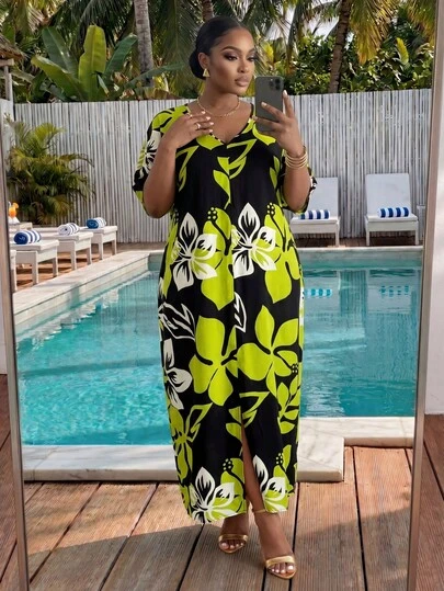 SHEIN Lady CURVE Plus Size Women Floral Print Casual Party Dress