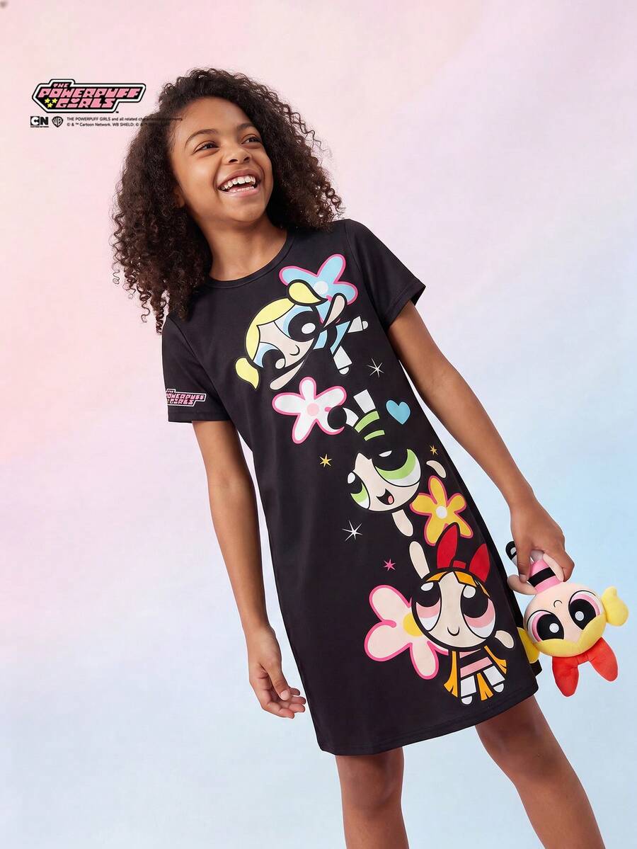 THE POWERPUFF GIRLS X SHEIN Maija Kids 少女卡通动物印花柔软针织圆领短袖连衣裙 - 黑色 - 查看 1