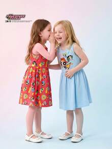 THE POWERPUFF GIRLS X SHEIN Maija Kids Bộ 2 chiếc váy cơ bản không tay cổ tròn, ôm eo, họa tiết hoạt hình IP dành cho bé gái. - Nhiều màu - Xem 5