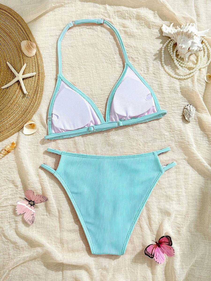 SHEIN Tween Girls Seashell Decor Halter Bikini Sets, Delicate & Elegant, Vacation Vibe - Green - View 1