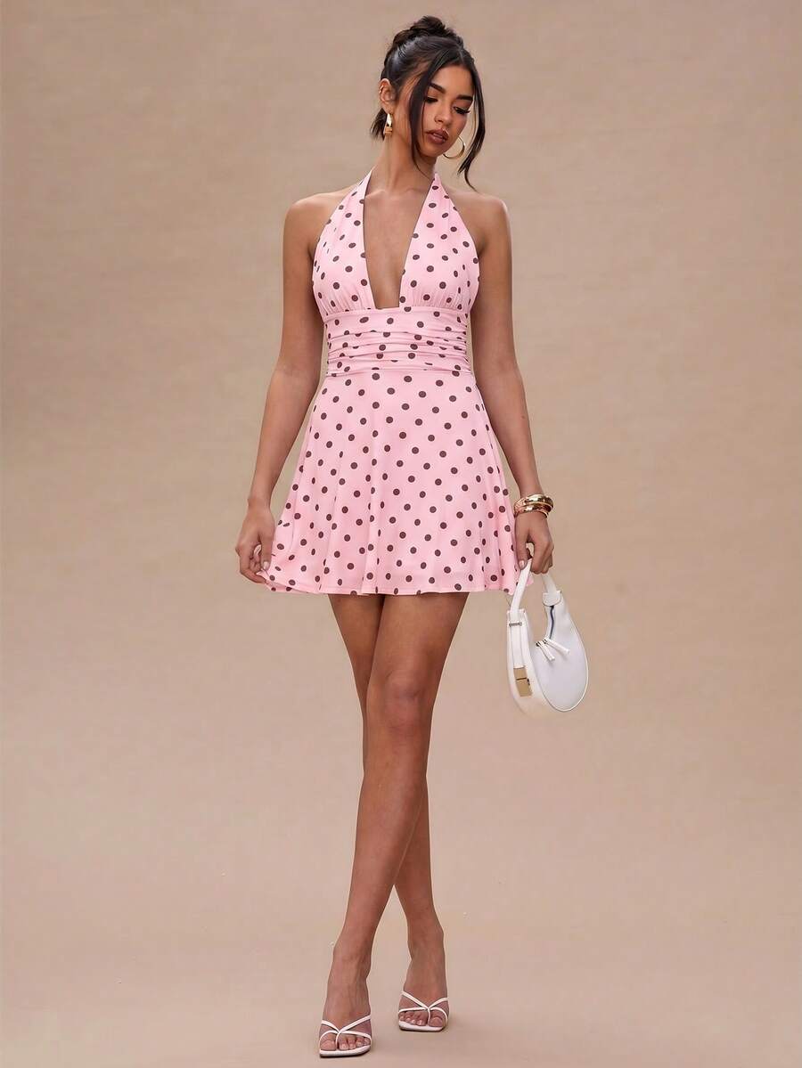 SHEIN BAE Gaun Mini Halter Motif Polkadot untuk Wanita, Gaun Musim Panas untuk Wanita - Coral Pink - View 1