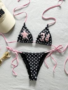Swim Mod 女士泳装比基尼，黑白粉色波点图案，适合波西米亚风度假、健身、休闲、Y2K 复古风、甜美可爱复古沙滩女泳装套装，春夏精选沙滩装，时尚穿搭，七月四日沙滩装。 - 黑色 - 查看 2